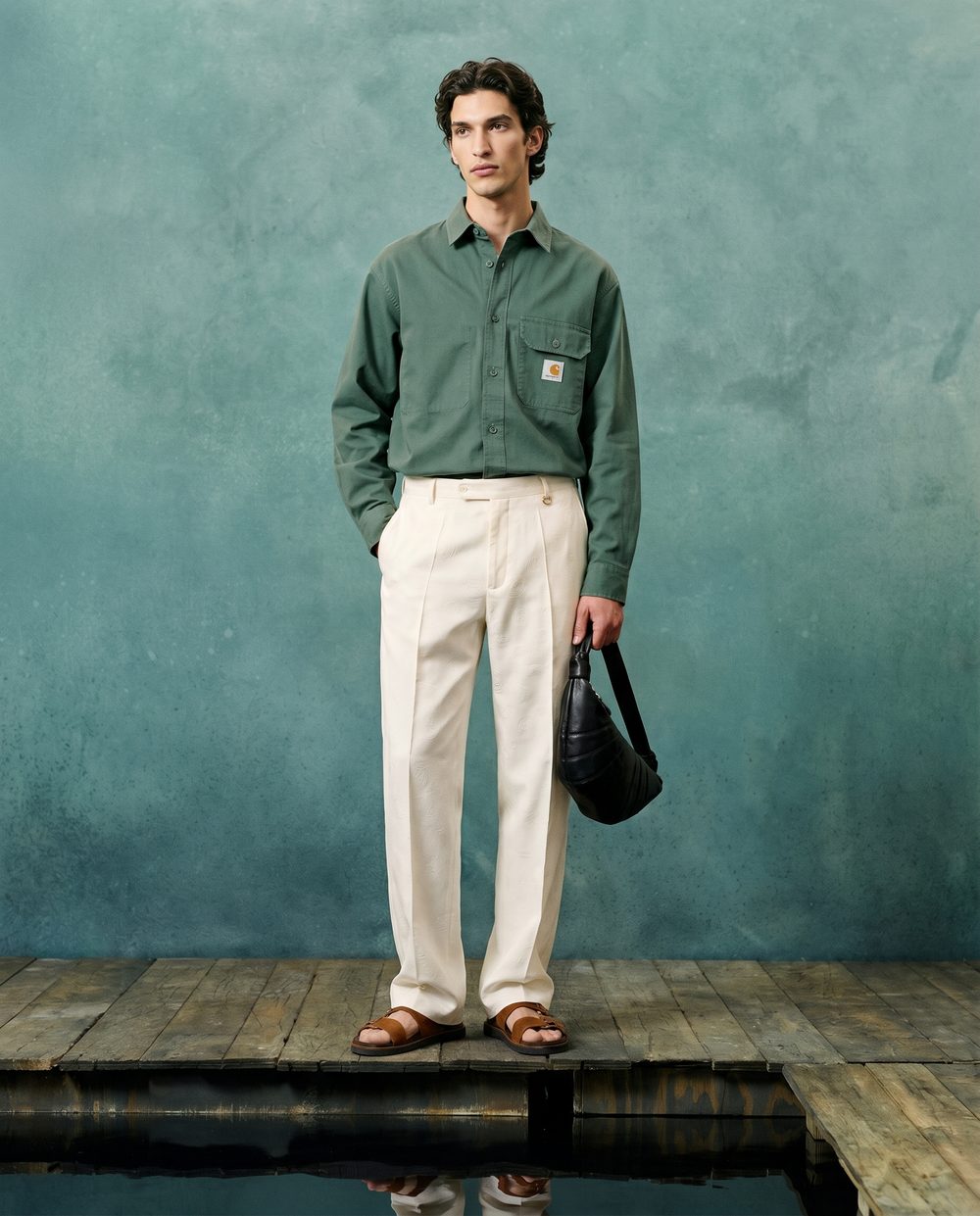 Editorial fashion visual — green workwear shirt