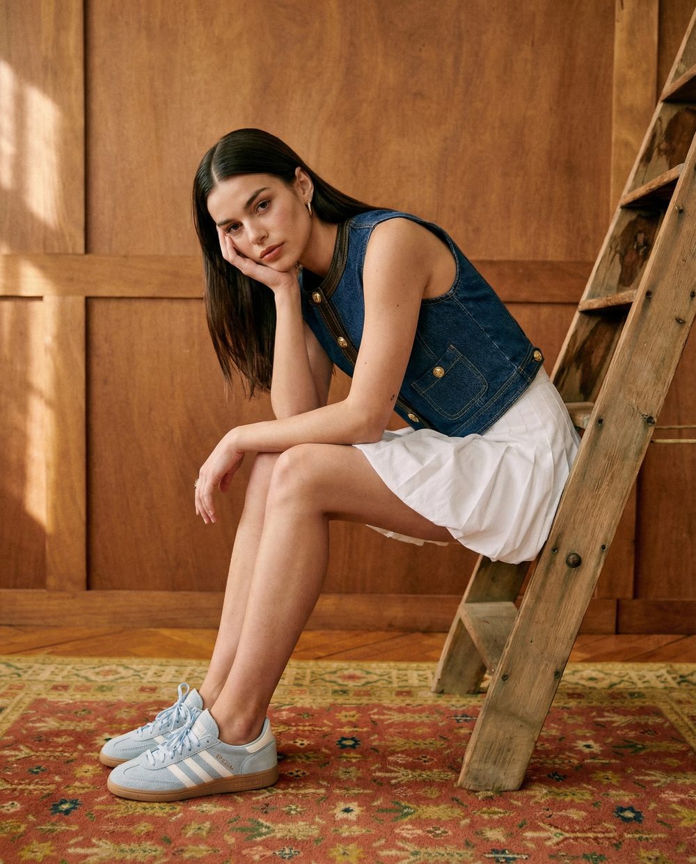 Editorial fashion visual — denim vest and pleated skirt