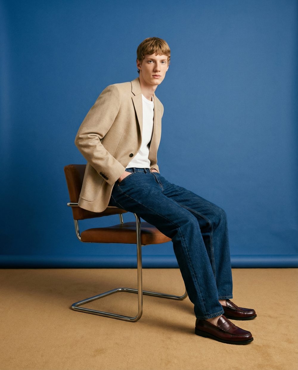 Editorial fashion visual — menswear on blue backdrop